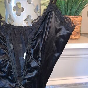 Emil Bole Vintage Black Satin and Lace Plunging Bust High Cut Sexy Teddy Large